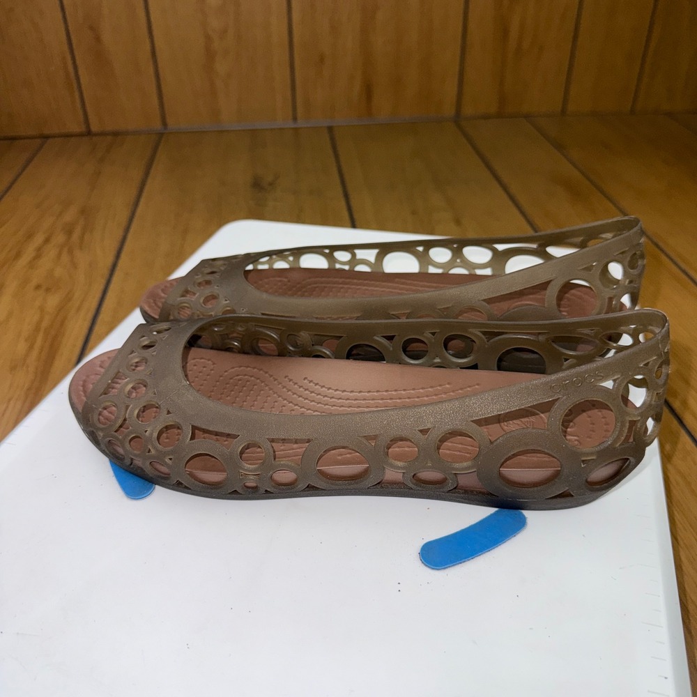 Crocs Adrina Peep Toe Flat Bronze Brown Jelly Cutout Shoes Womens 9
